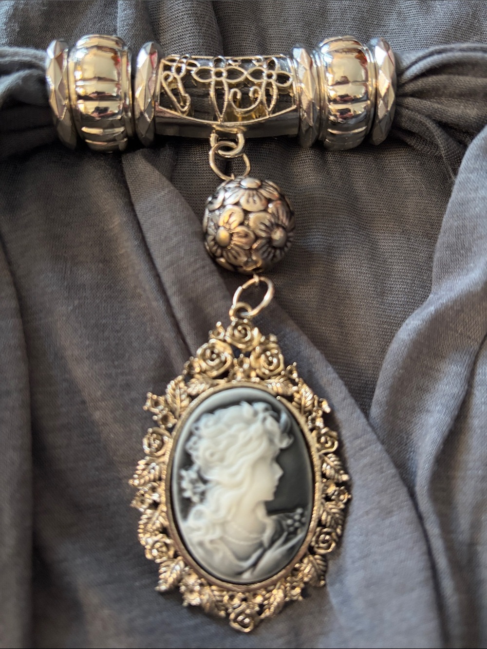 Gray Cameo Pendant Scarf Necklace - Women's Fashion Jewelry - Picture 13 of 14